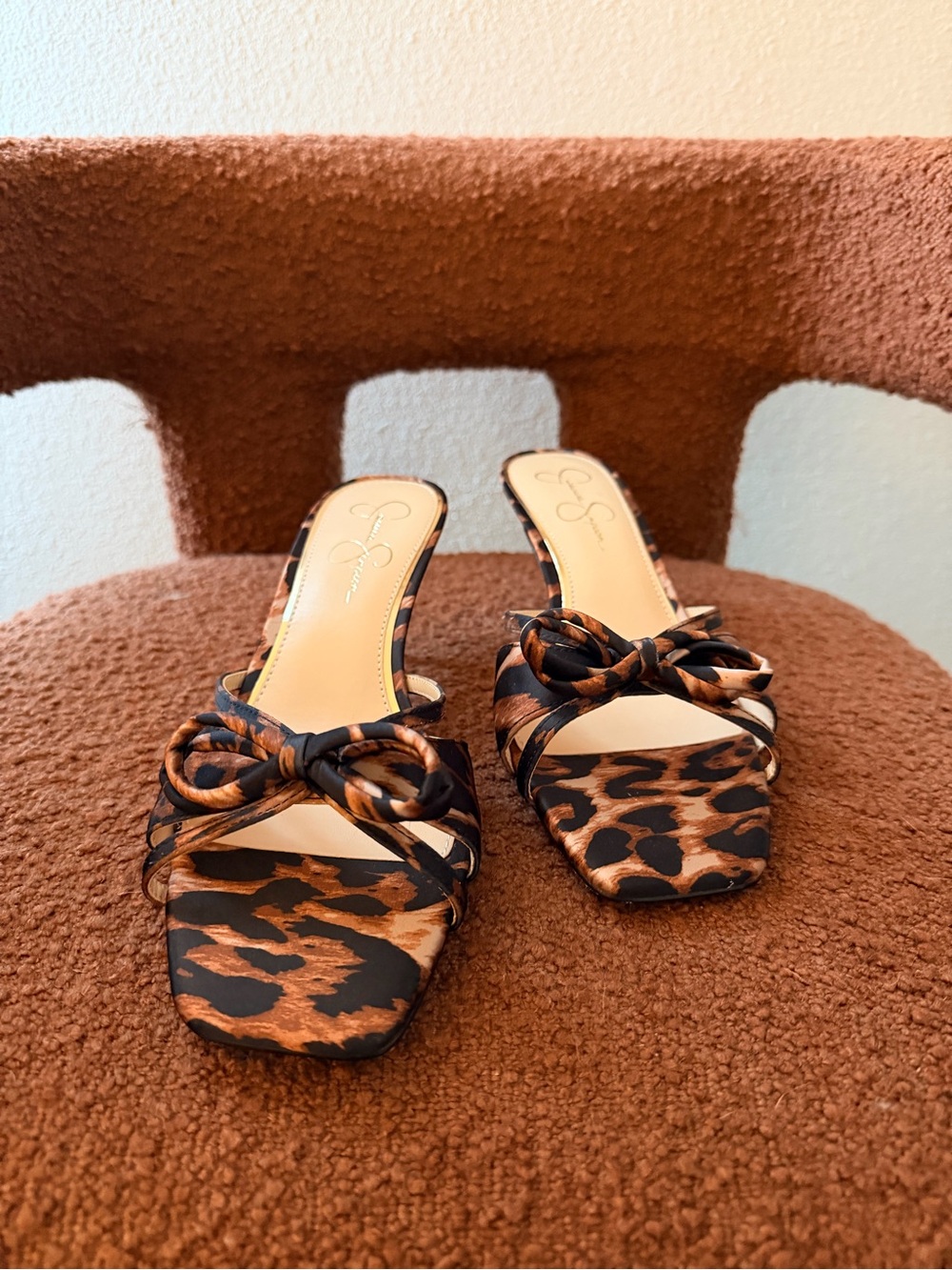 Jessica Simpson Leopard Print Knot Slide Heels in Brown and Black